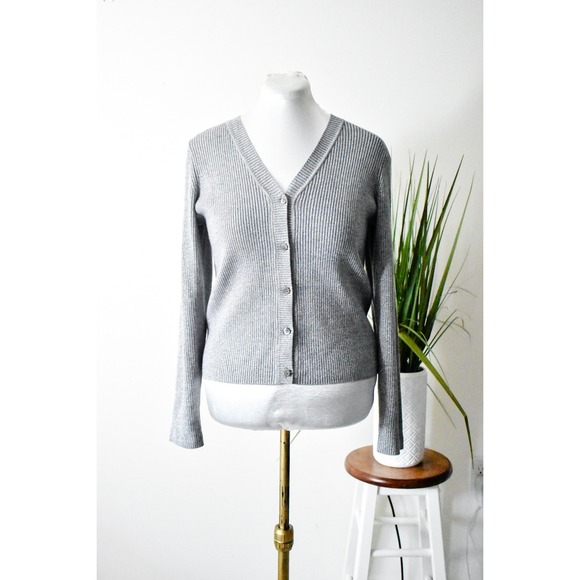Classiques Entier Sweaters - Classiques Entier Cardigan Sweater Women L Silver Y2K Metallic Ribbed V-Neck